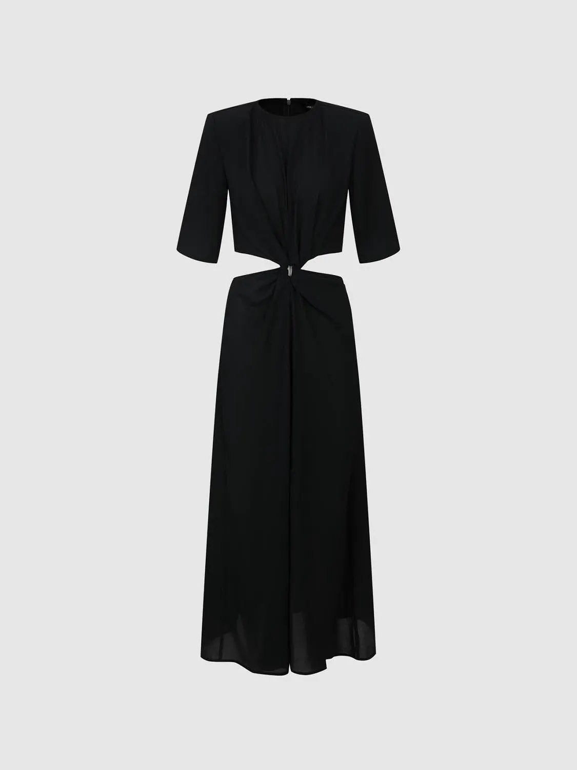 Round Neck Padded Shoulder Cutout Knotted Waist Midi Dress