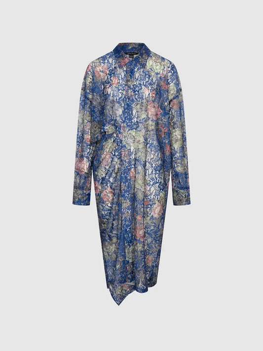 Point Collar Button Up Floral Lace Sheer Midi Shirt Dress