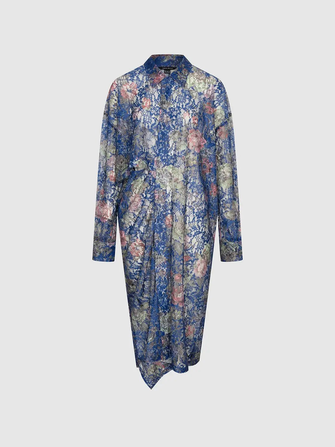 Point Collar Button Up Floral Lace Sheer Midi Shirt Dress
