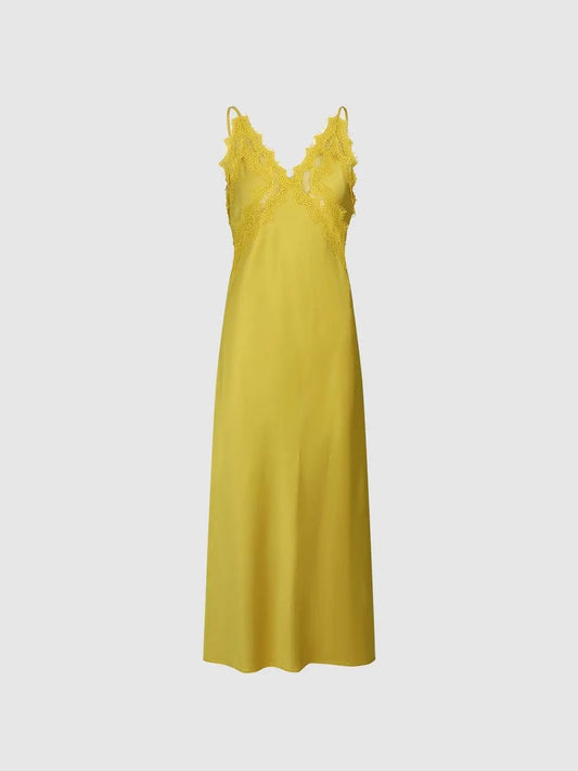 Lace Trimmed Bodice A-Line V-Neck Sleeveless Maxi Dress