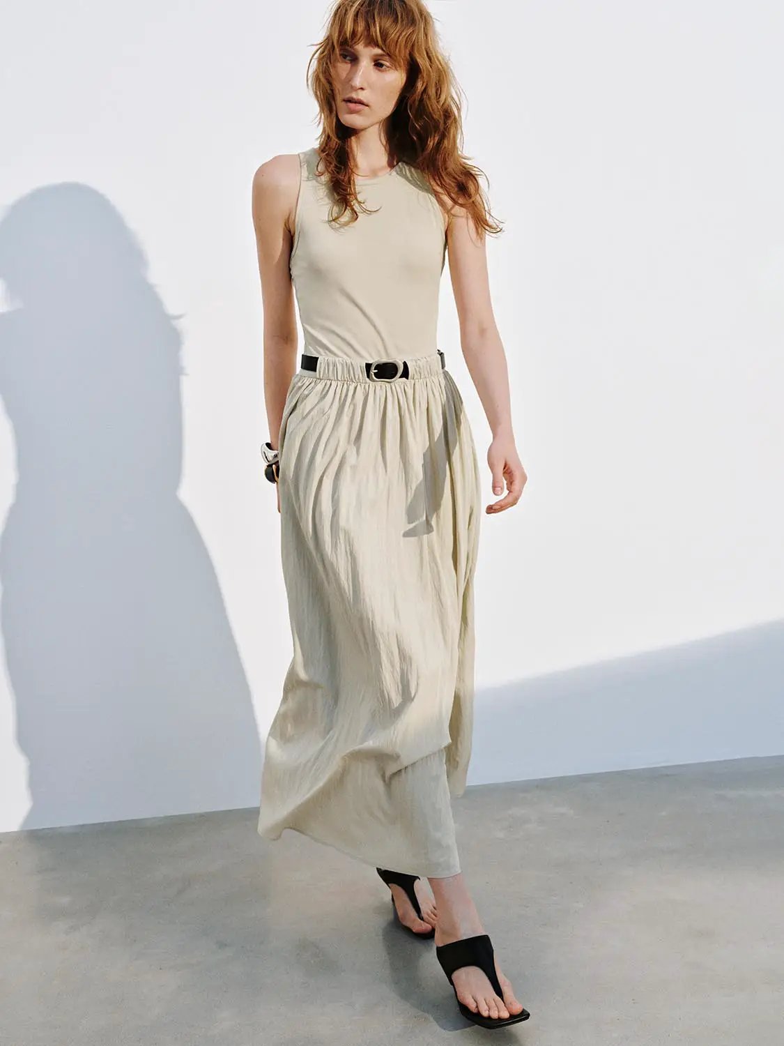 Crew Neck Sleeveless Belted A-Line Cotton Midi Dress