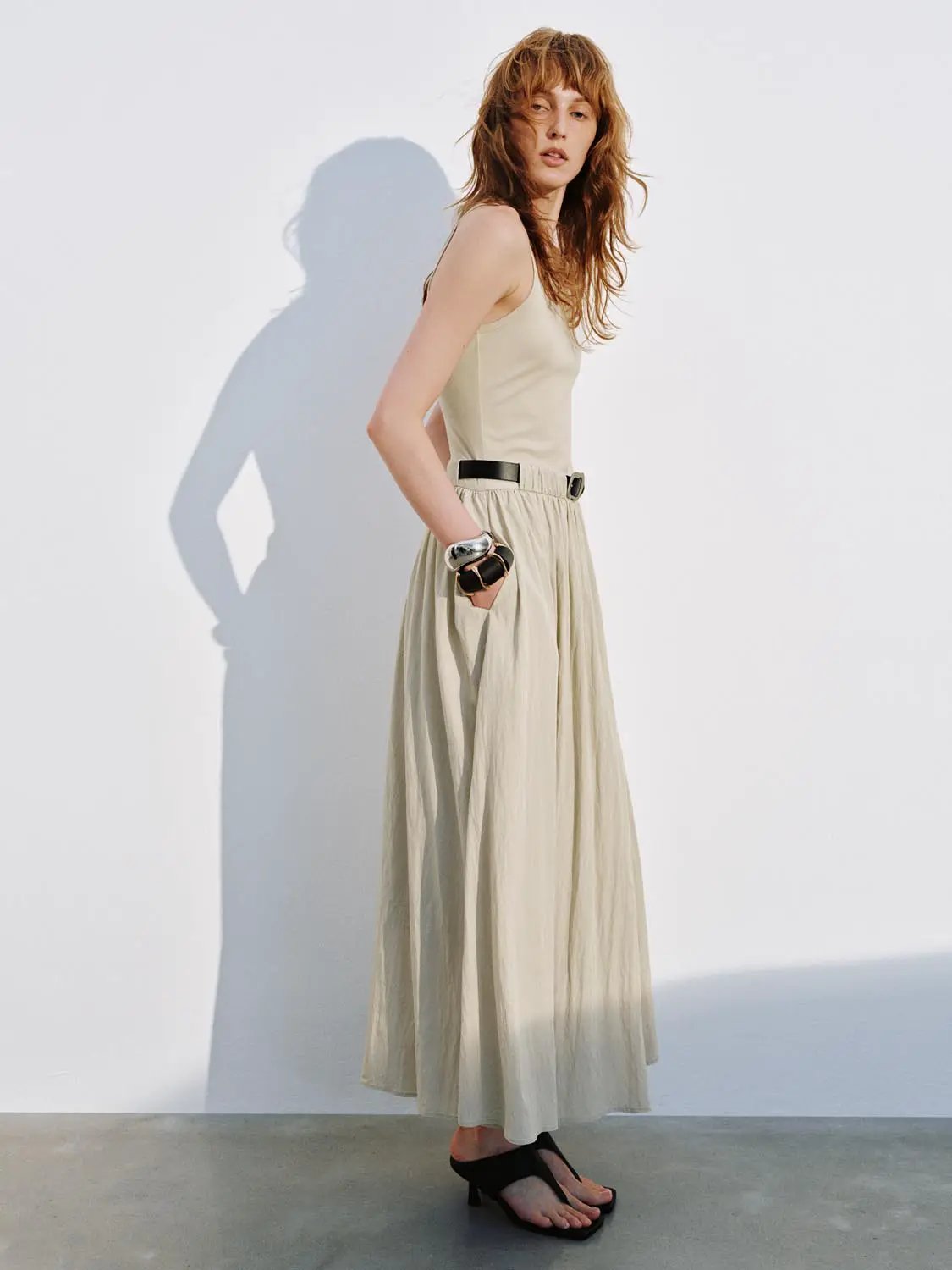 Crew Neck Sleeveless Belted A-Line Cotton Midi Dress