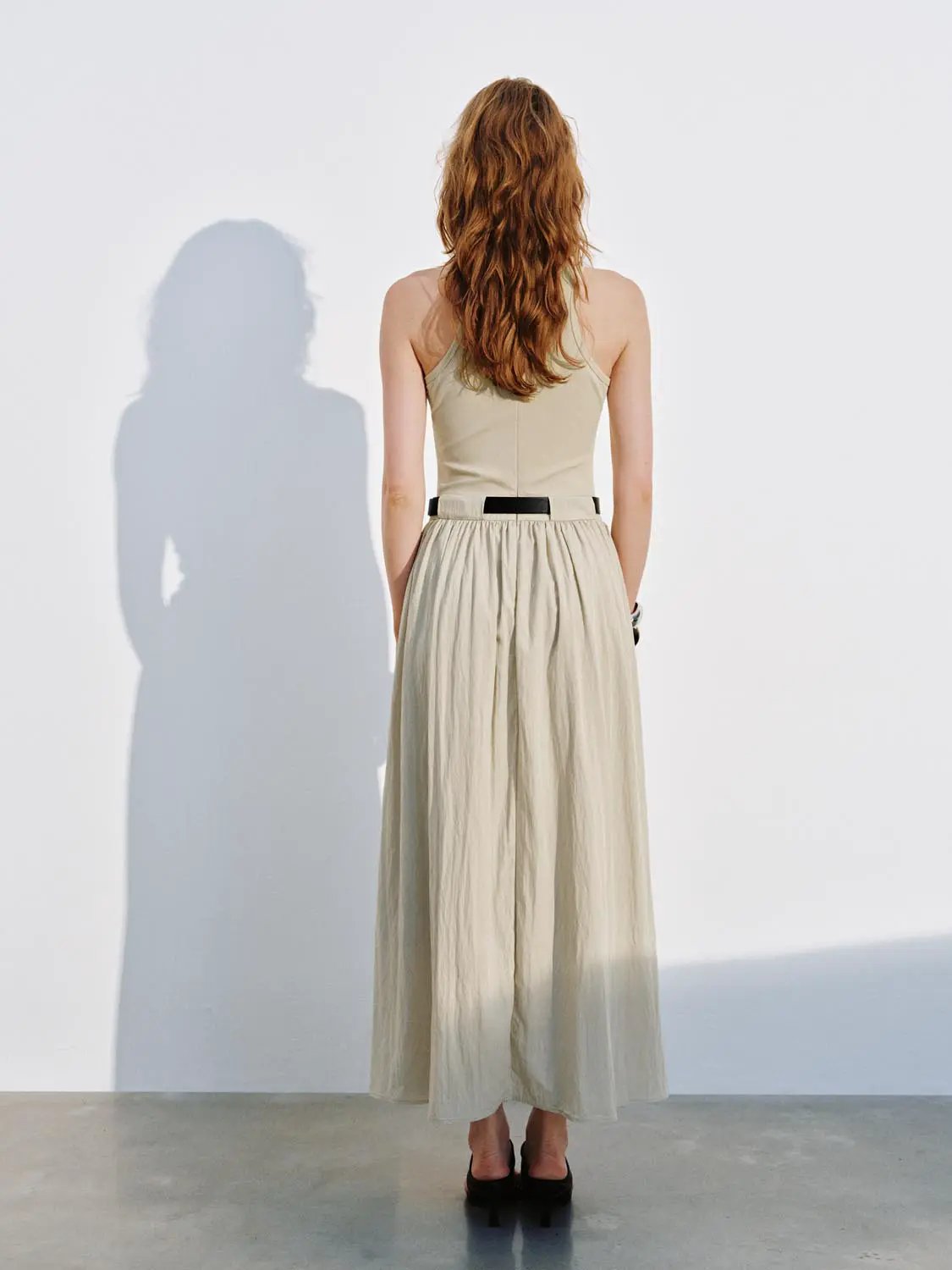 Crew Neck Sleeveless Belted A-Line Cotton Midi Dress