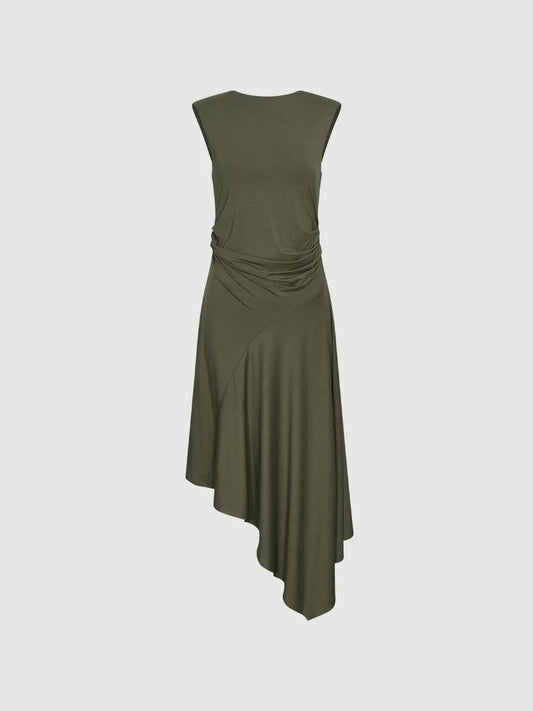Ruched A-Line Modal Blend Asymmetric Hem Sleeveless Dress