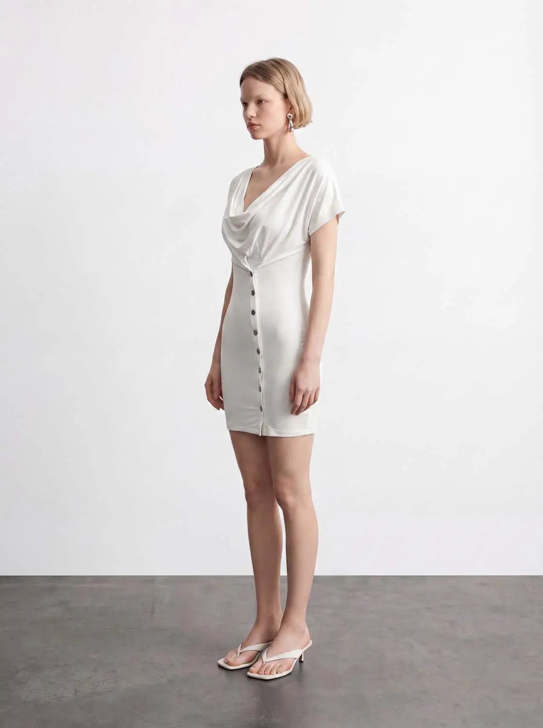 Draped Cowl Neck Button Front Mini Dress
