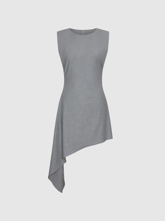 Asymmetric Hem A-Line Fitted Crew Neck Sleeveless Dress