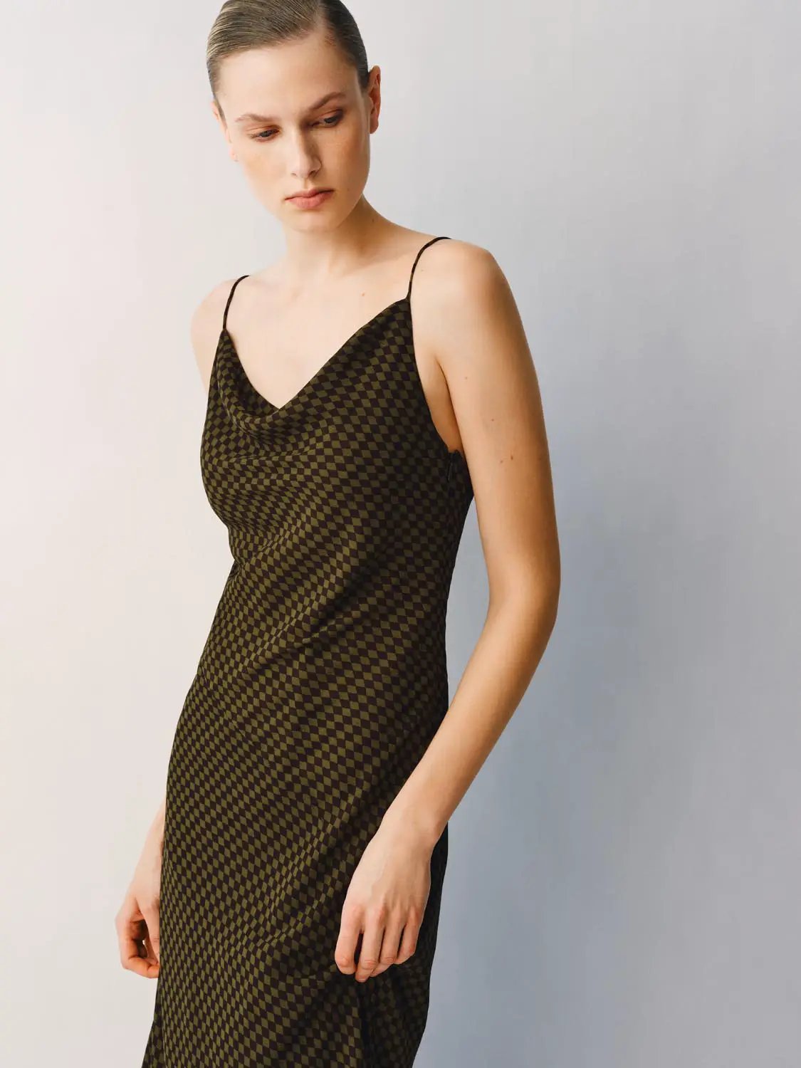 S-line Checked Sheer Spaghetti-Strap Slip Dress