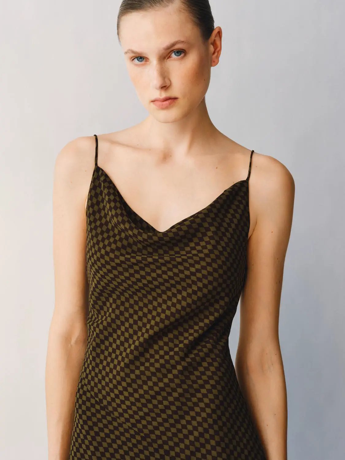 S-line Checked Sheer Spaghetti-Strap Slip Dress