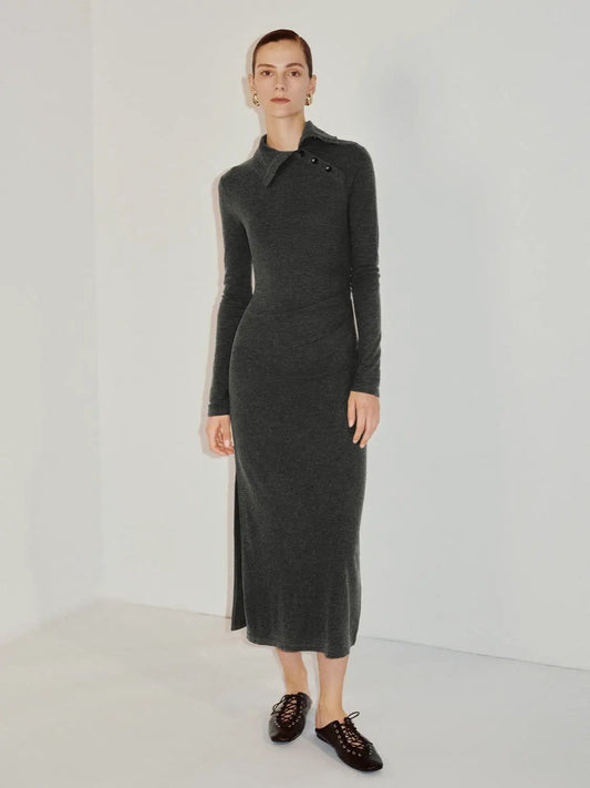 Shirt Collar Side Slit Fitted Long Sleeve Midi Knit Dress