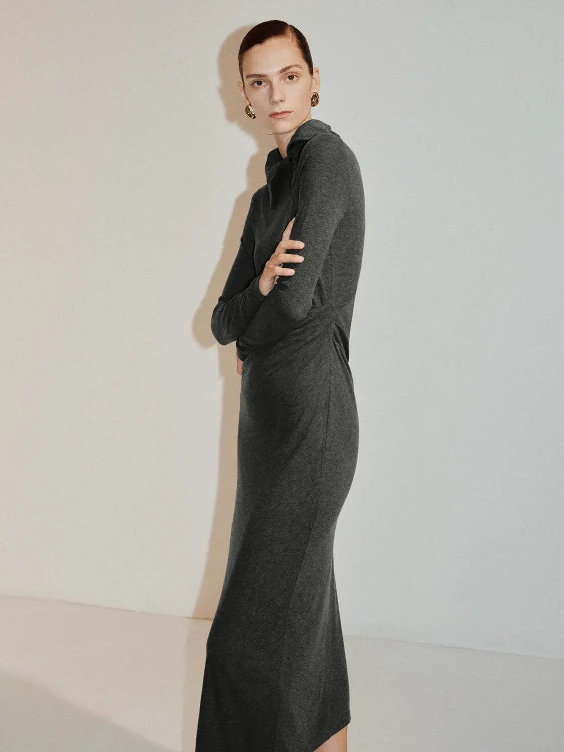 Shirt Collar Side Slit Fitted Long Sleeve Midi Knit Dress