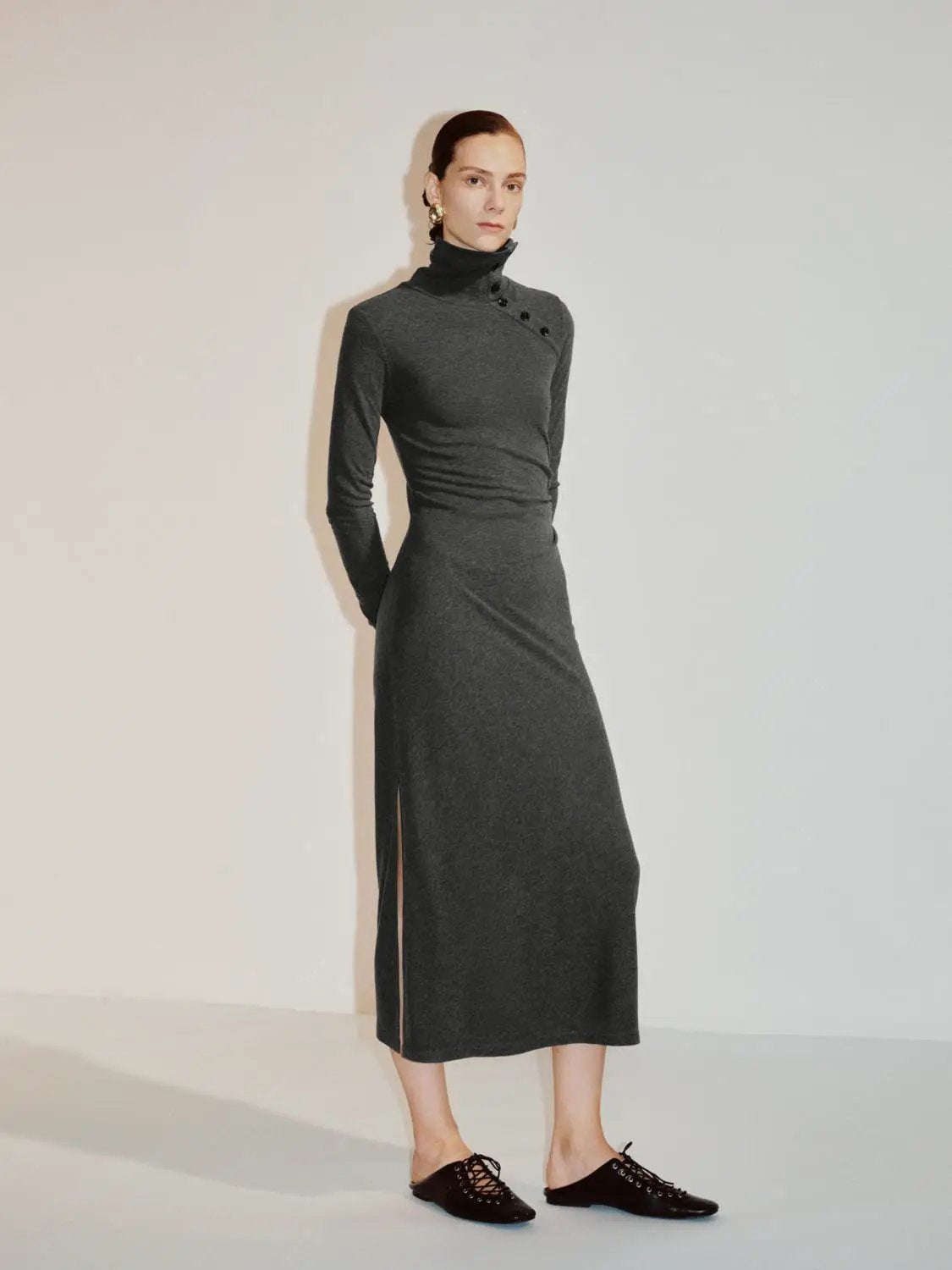 Shirt Collar Side Slit Fitted Long Sleeve Midi Knit Dress