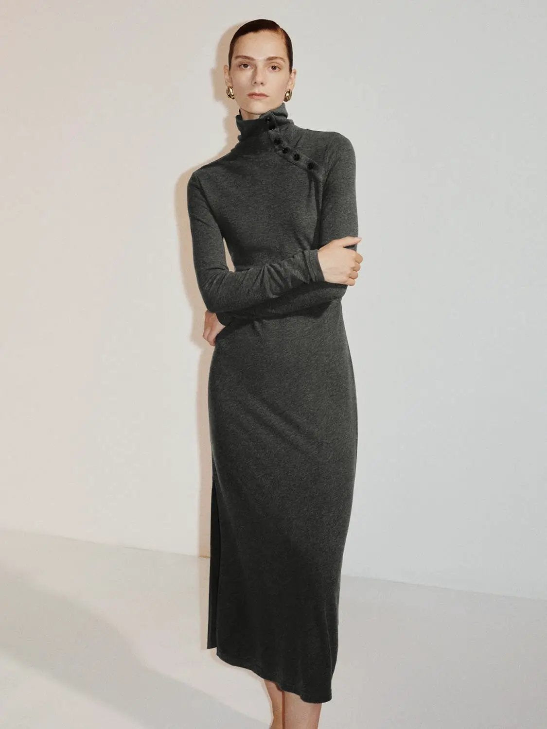 Shirt Collar Side Slit Fitted Long Sleeve Midi Knit Dress