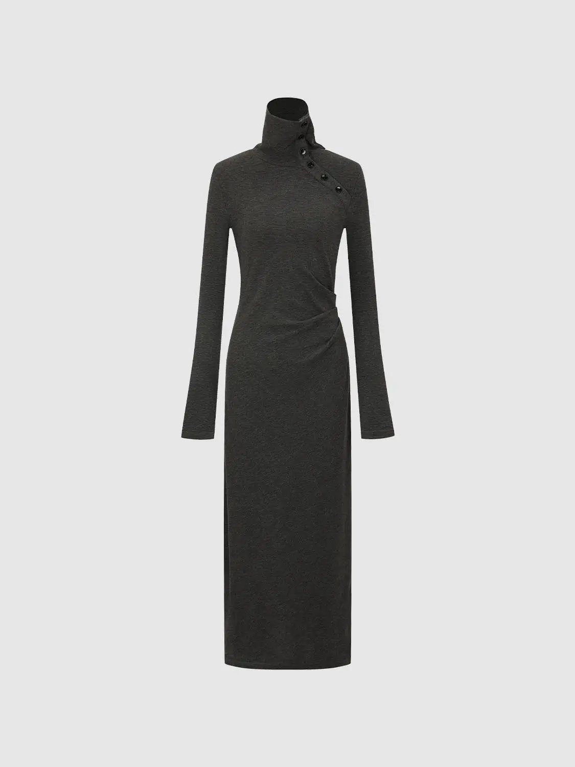 Shirt Collar Side Slit Fitted Long Sleeve Midi Knit Dress
