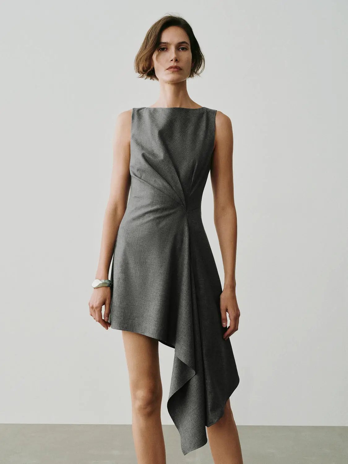 Twisted Checked Asymmetric Hem Sleeveless Mini Dress