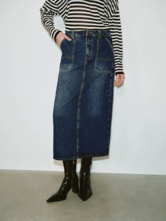 Patch Pocket Front Seam Straight Midi Denim Skirt