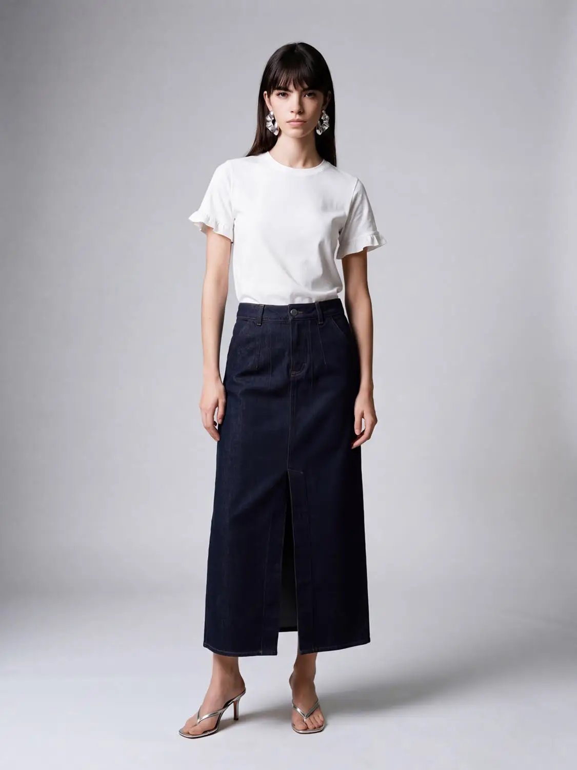 High Waist Pleated Split Hem Denim Cotton Midi Skirt