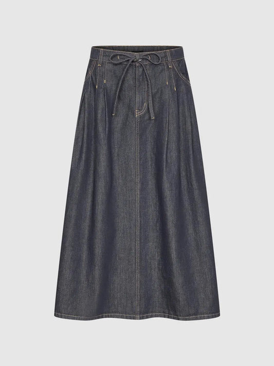 Lyocell Denim Drawstring Stitch Detail Cotton Midi Skirt