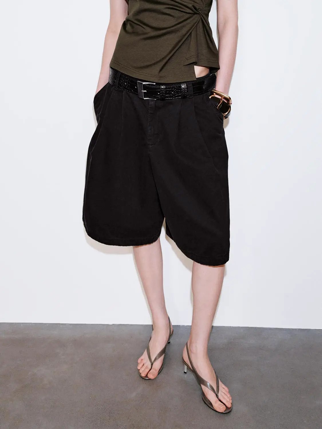 High Waist Belted Pleated Loose Fit Cotton Tailored Shorts
