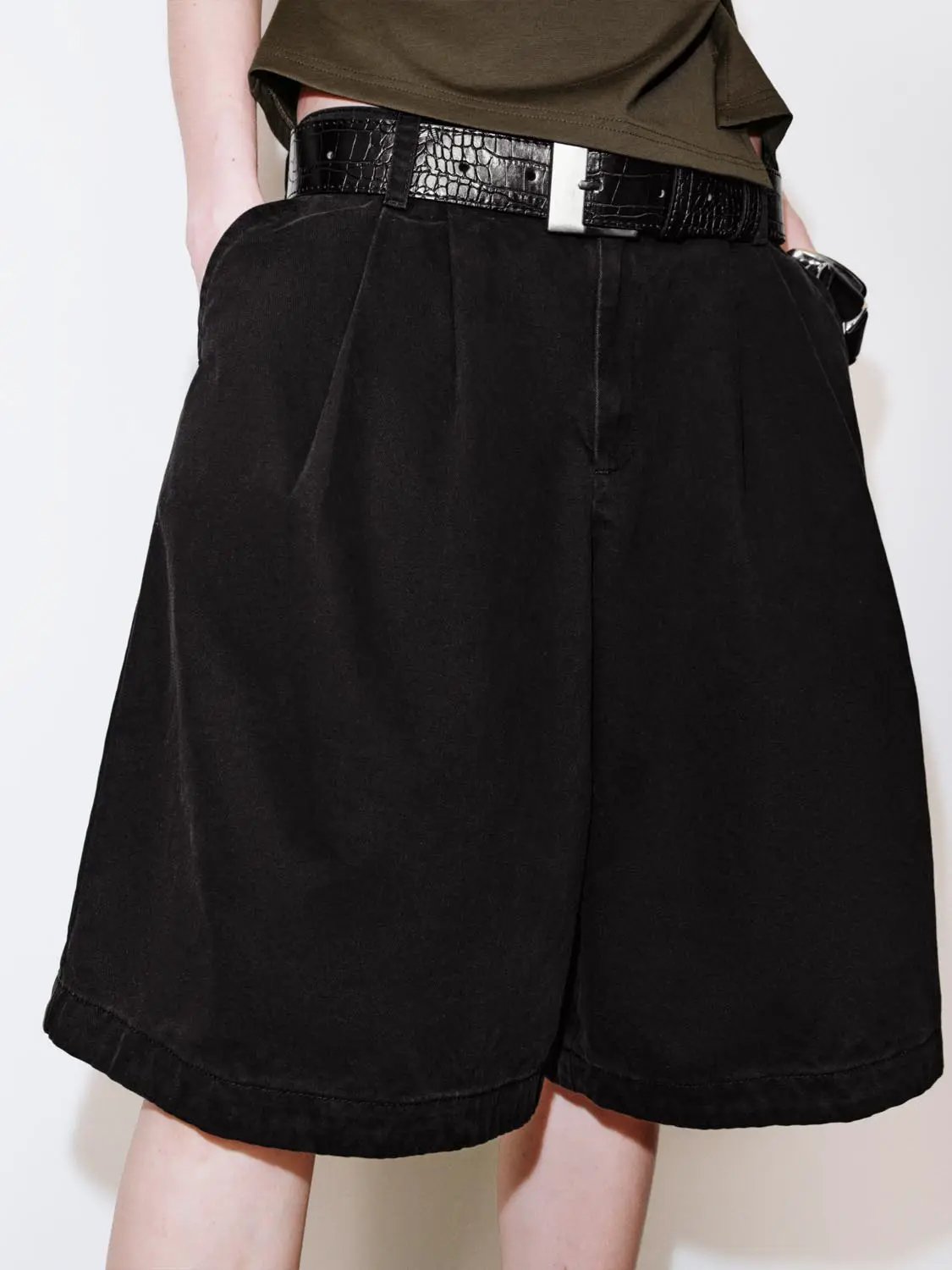 High Waist Belted Pleated Loose Fit Cotton Tailored Shorts