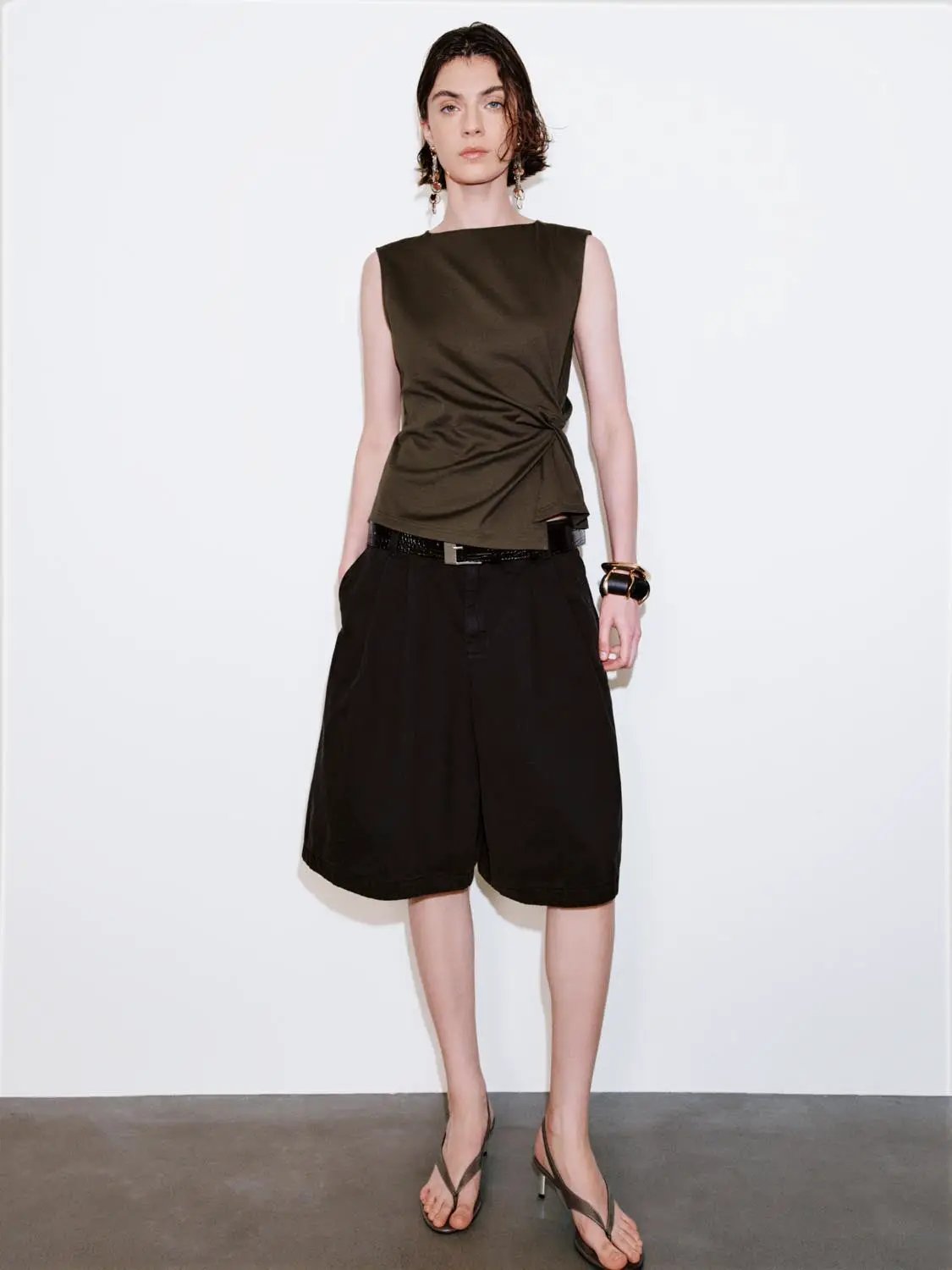 High Waist Belted Pleated Loose Fit Cotton Tailored Shorts