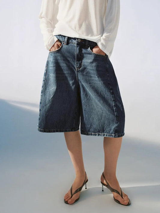 High Waist Loose Fit Washed Faded Denim Wide Leg Shorts