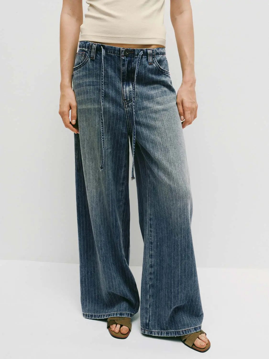 Pinstriped Wide-leg Denim Drawstring Pants