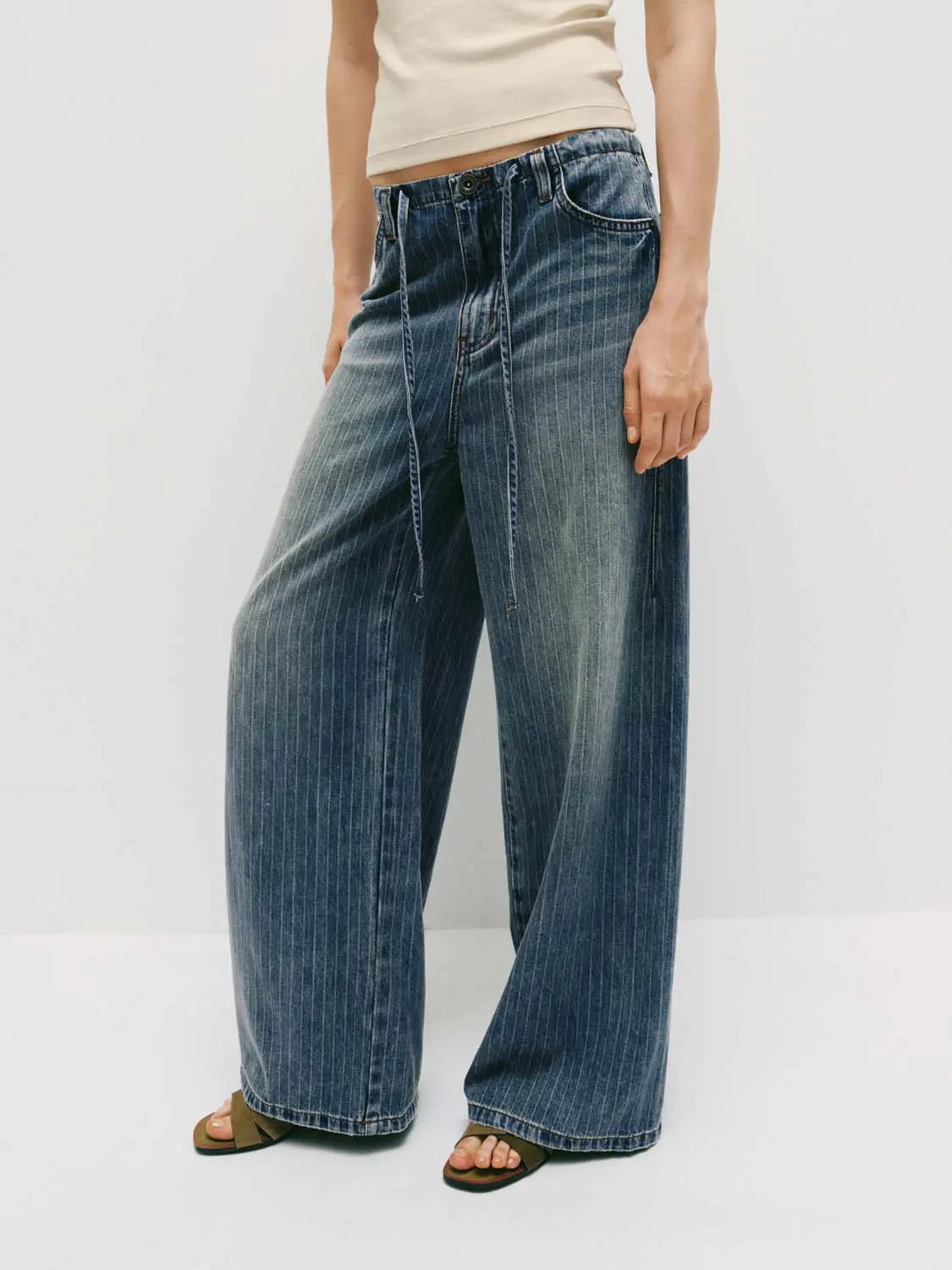 Pinstriped Wide-leg Denim Drawstring Pants