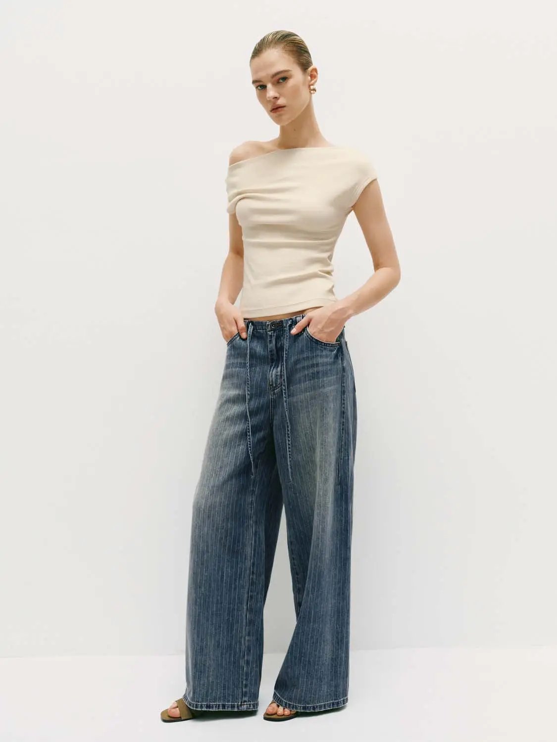 Pinstriped Wide-leg Denim Drawstring Pants