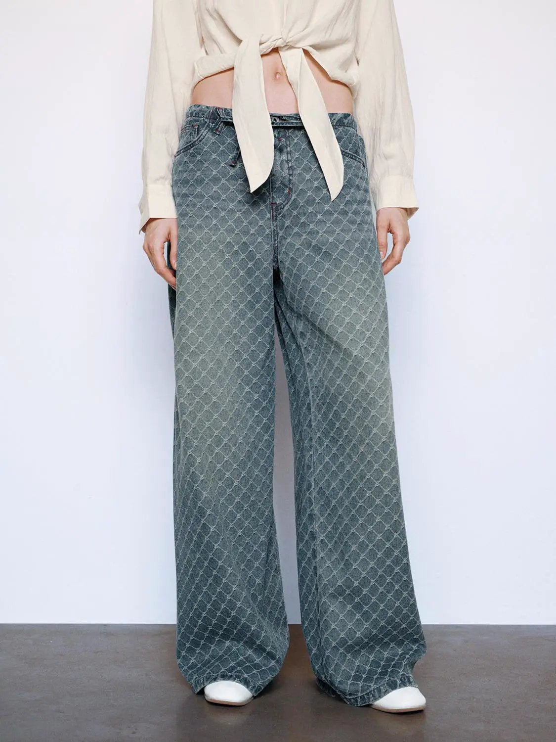 Drawstring Diamond Print Mid-rise Wide-leg Jeans