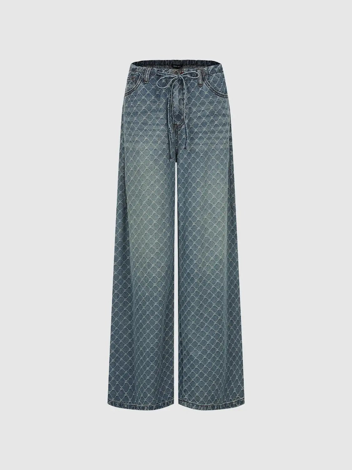 Drawstring Diamond Print Mid-rise Wide-leg Jeans