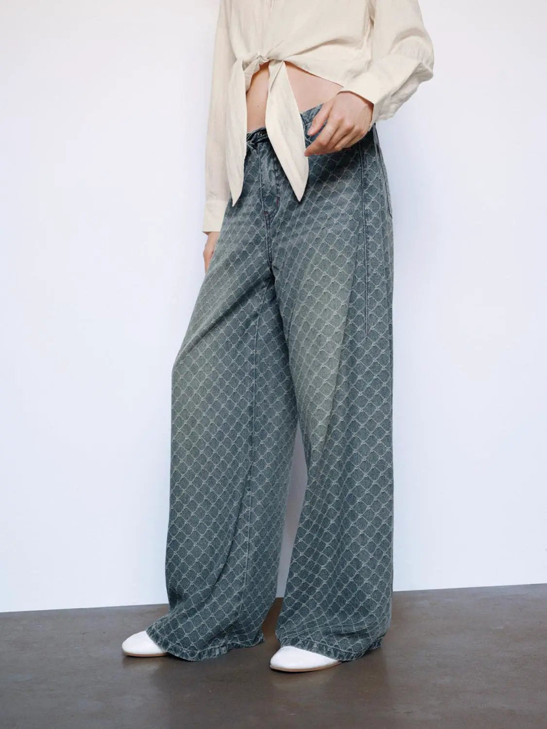 Drawstring Diamond Print Mid-rise Wide-leg Jeans