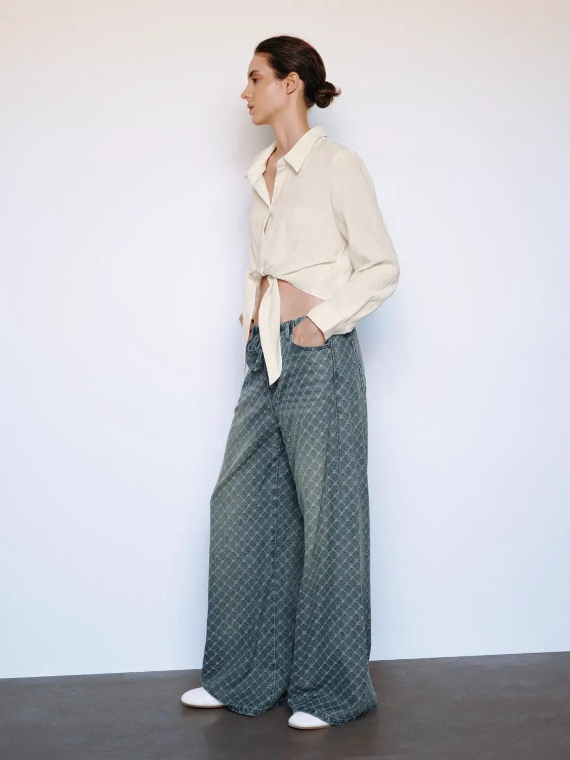 Drawstring Diamond Print Mid-rise Wide-leg Jeans