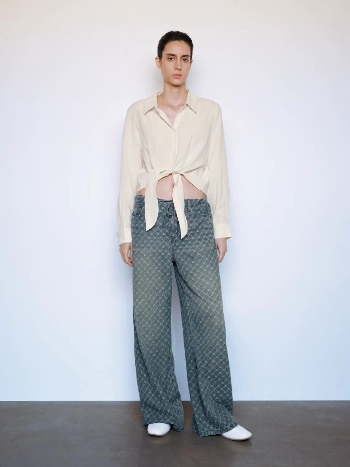 Drawstring Diamond Print Mid-rise Wide-leg Jeans
