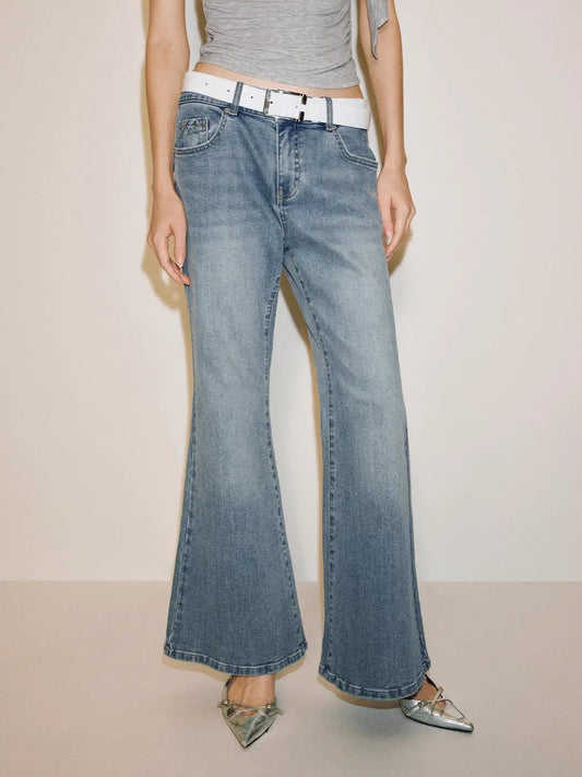 Mid-rise Belted Washed Blue Cotton Flared Jeans