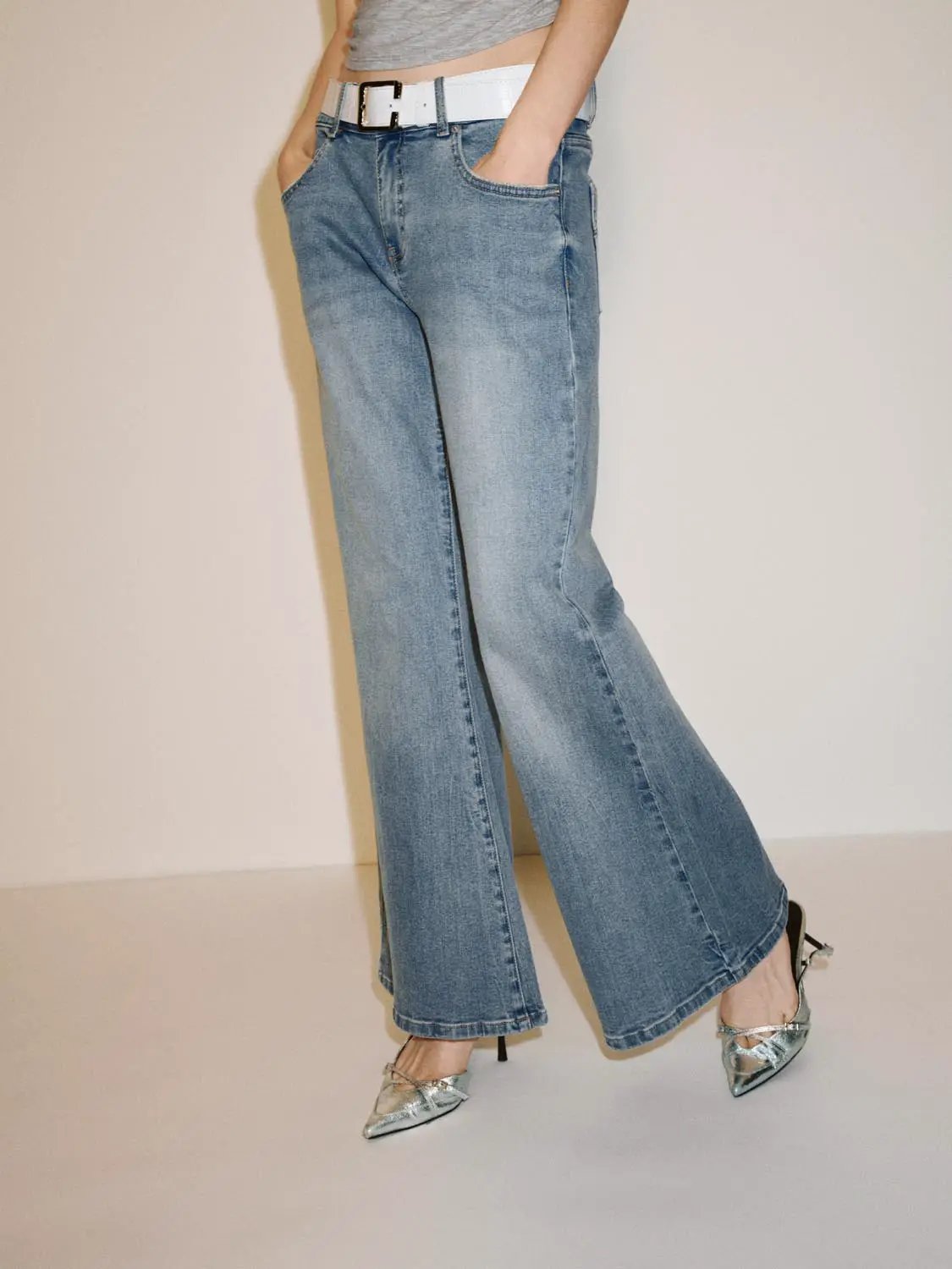 Mid-rise Belted Washed Blue Cotton Flared Jeans