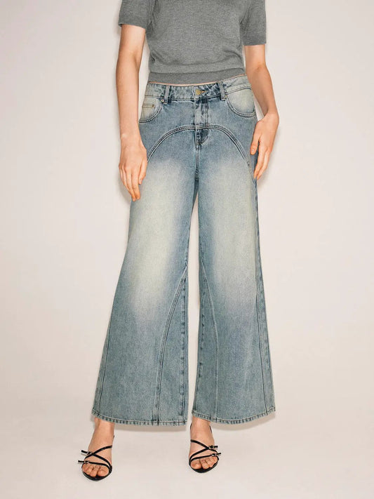 Panelled Faded Mid-rise Cotton Wide-leg Jeans