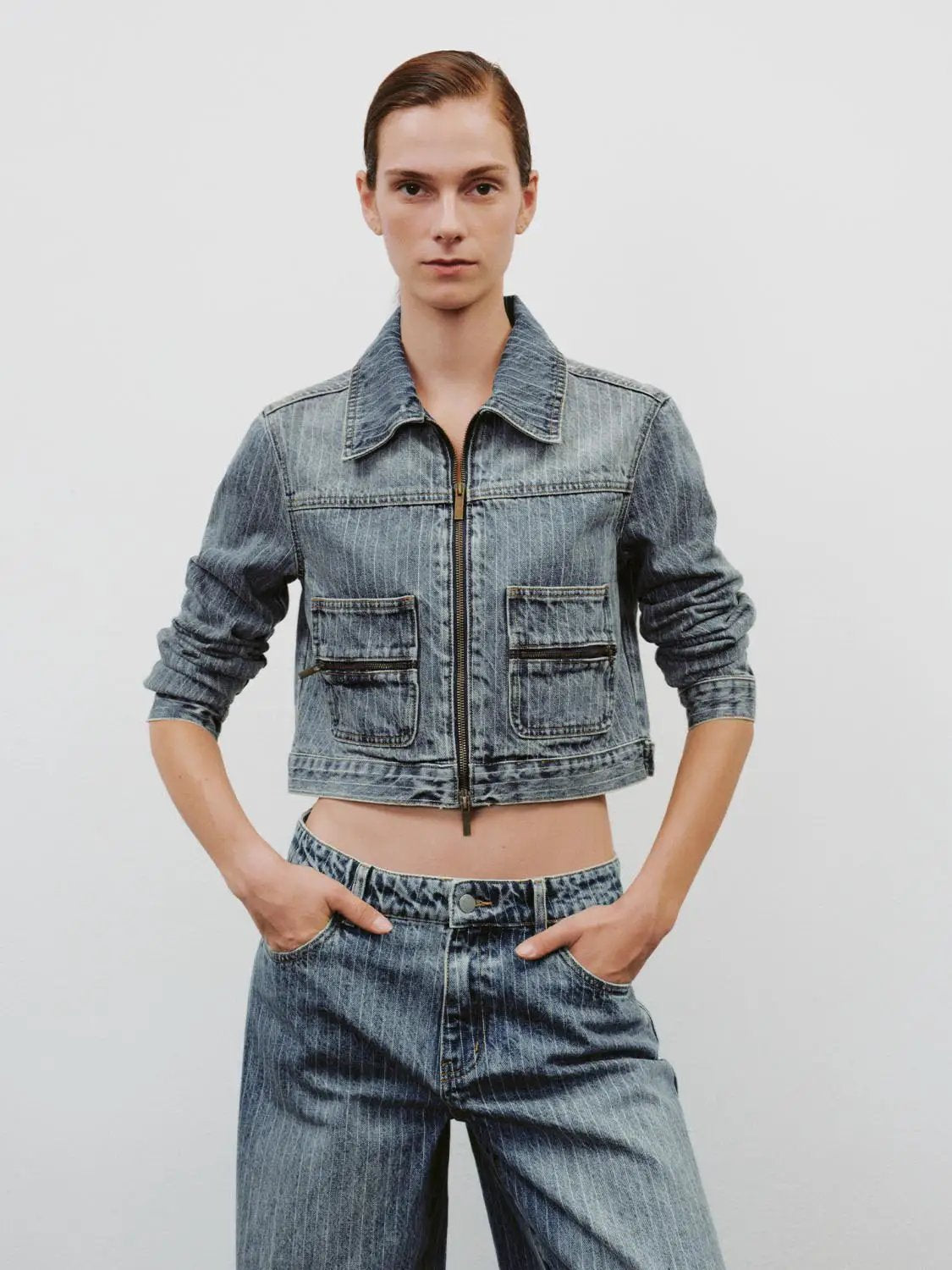 Washed Cropped Cotton Zipper Front Long Sleeve Jacket