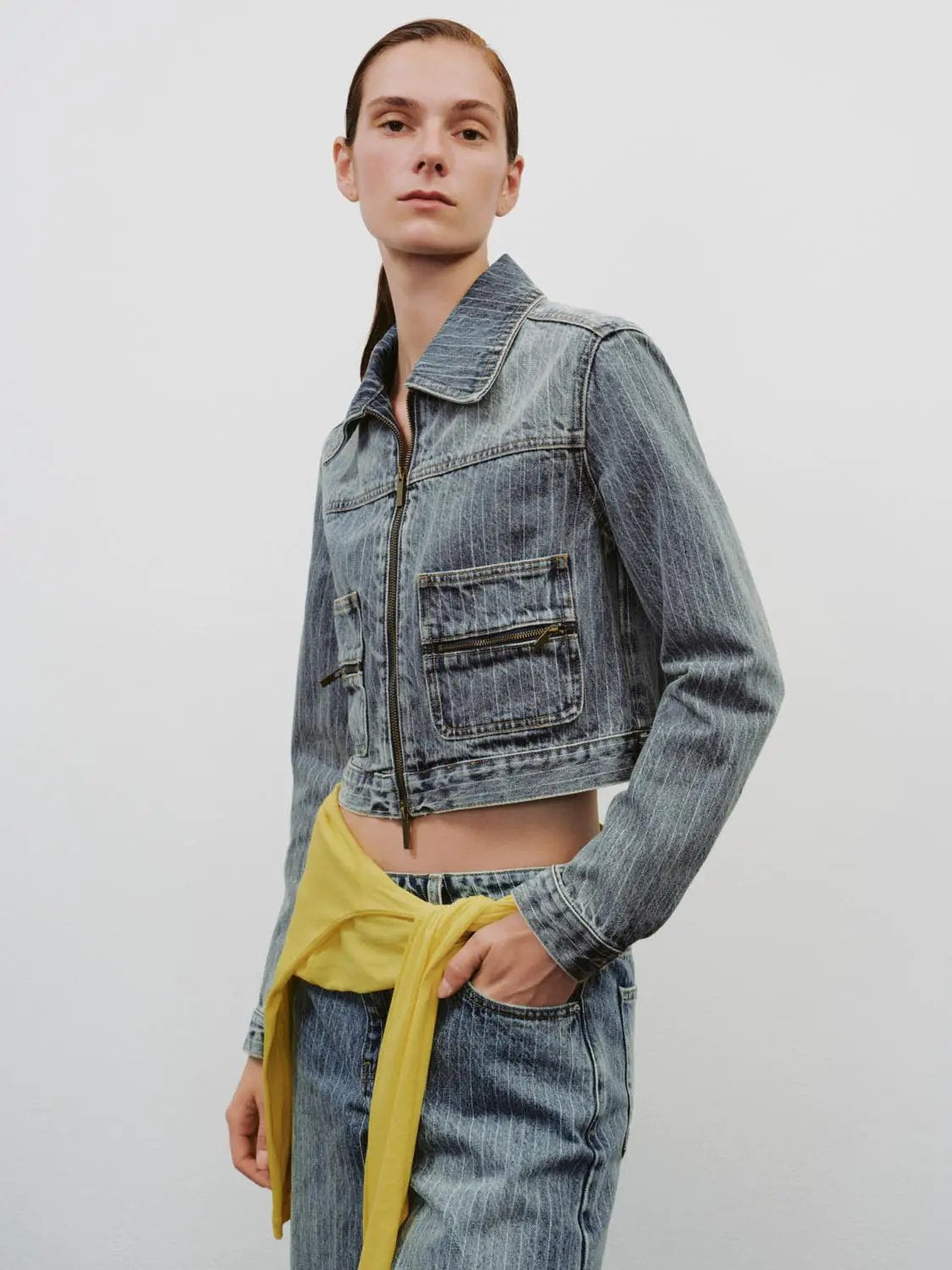 Washed Cropped Cotton Zipper Front Long Sleeve Jacket