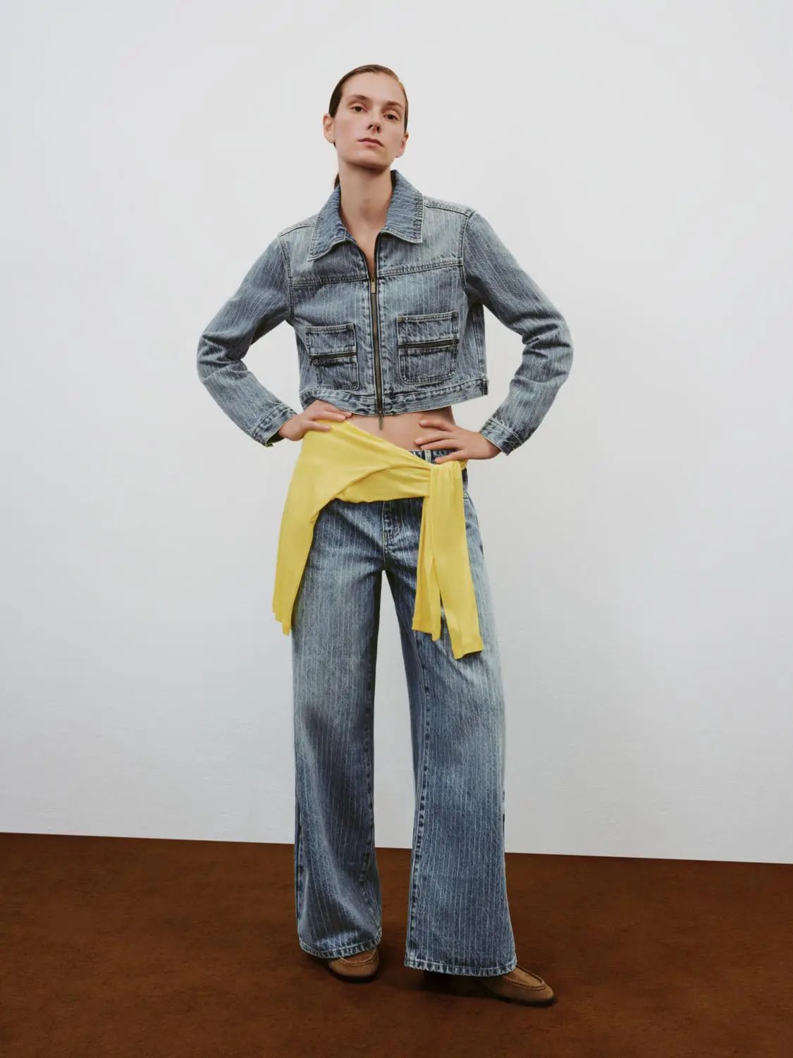 Washed Cropped Cotton Zipper Front Long Sleeve Jacket