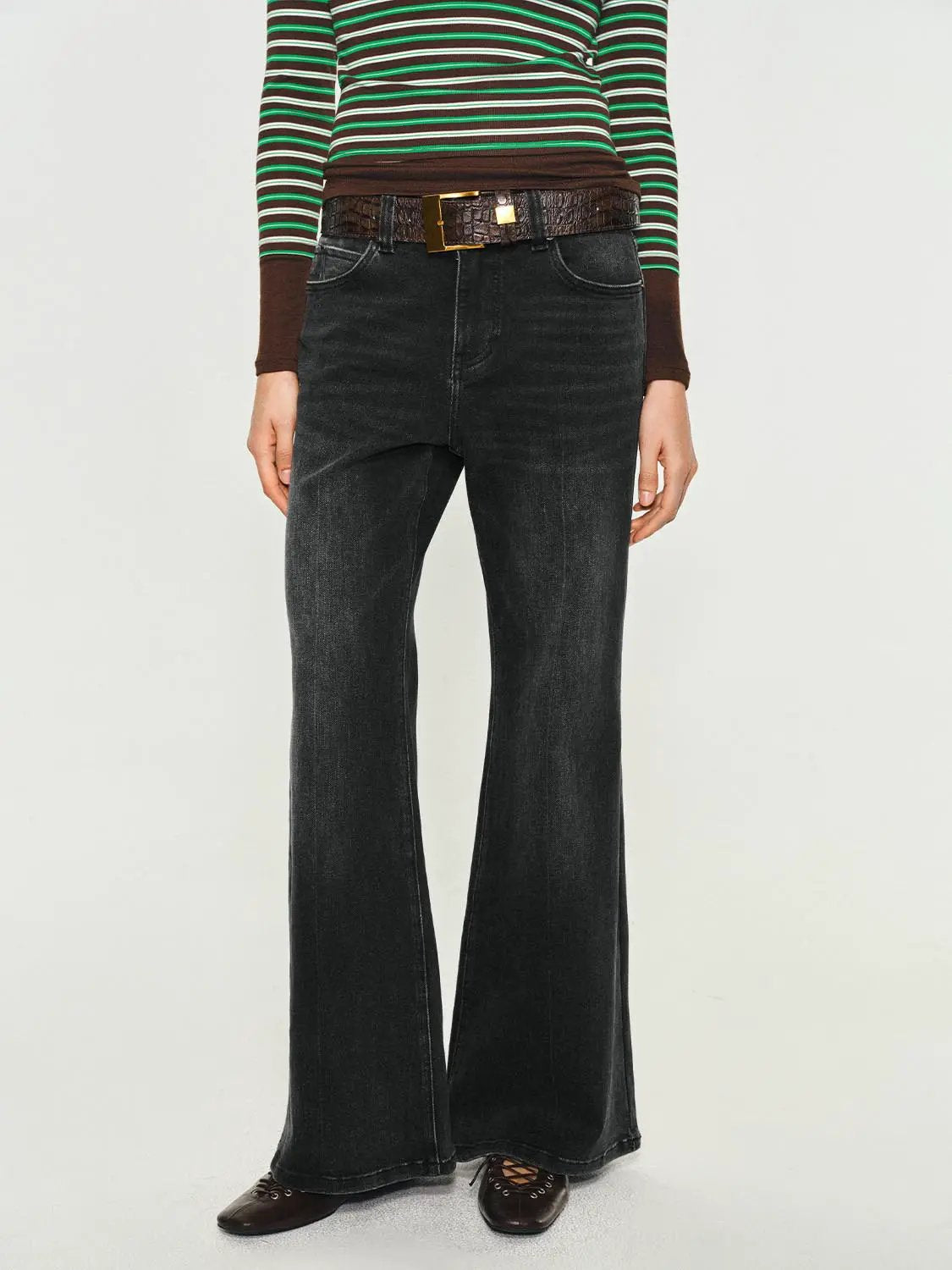 Wash High-waisted Belted Flare Cotton Blend Jeans