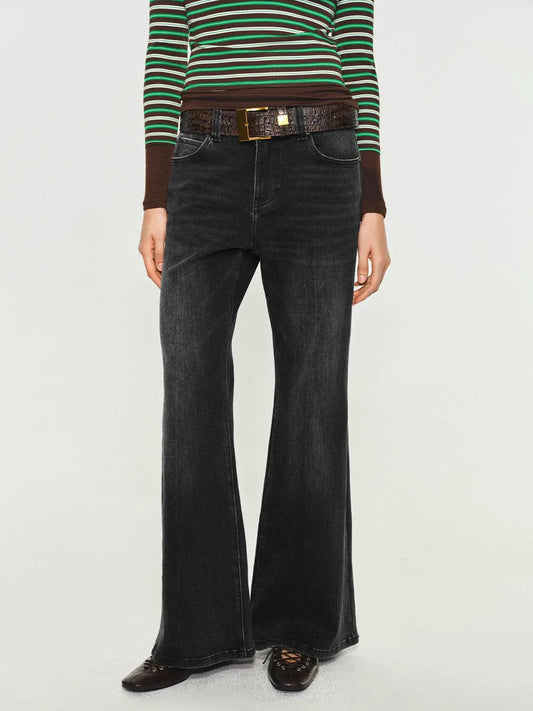 Wash High-waisted Belted Flare Cotton Blend Jeans