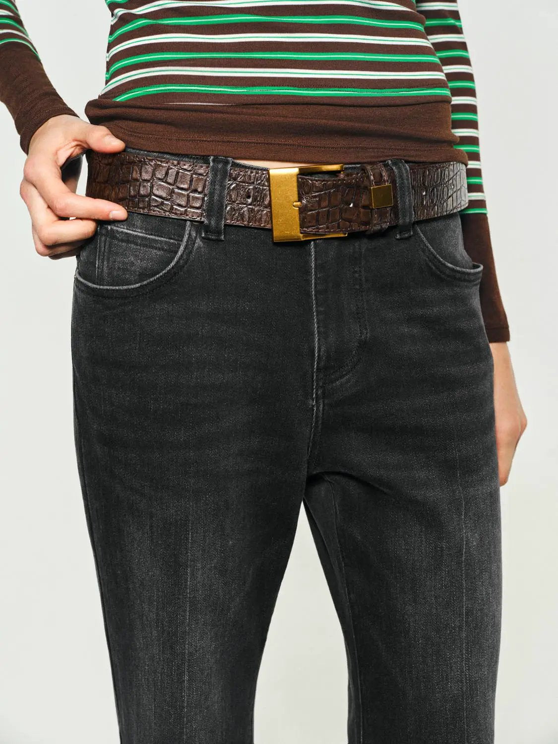 Wash High-waisted Belted Flare Cotton Blend Jeans
