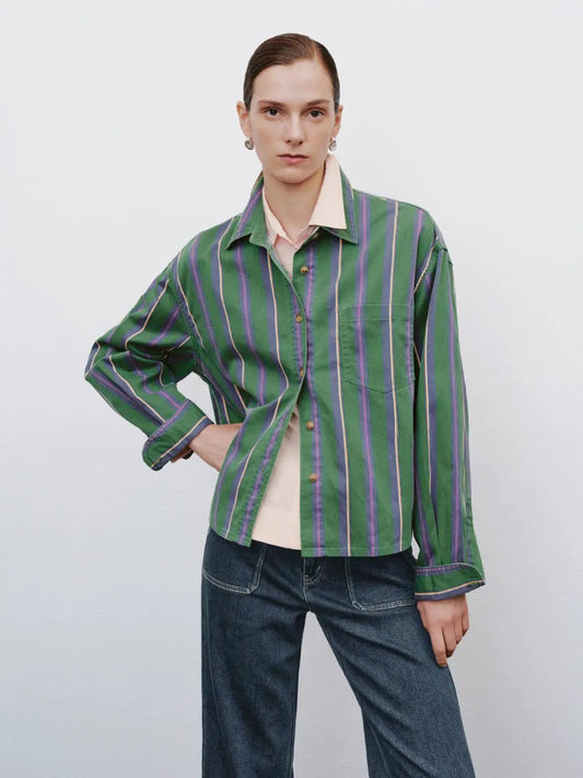 Relaxed Striped Long Sleeve Cotton Blend Shirt