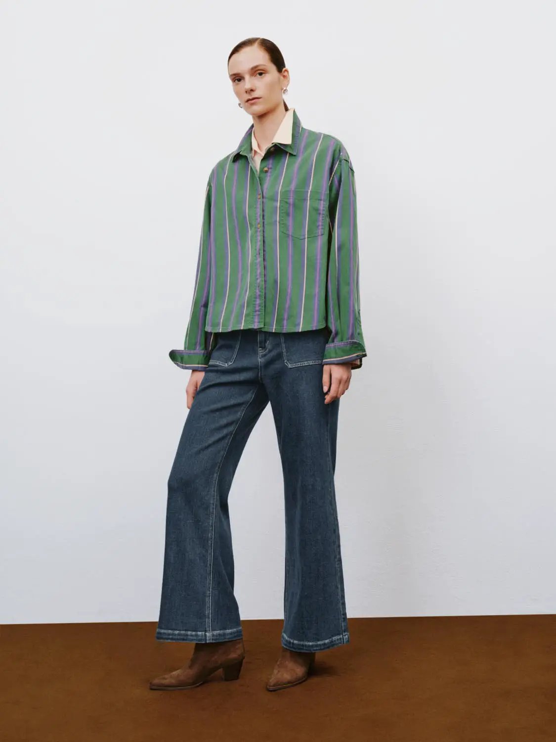 Relaxed Striped Long Sleeve Cotton Blend Shirt