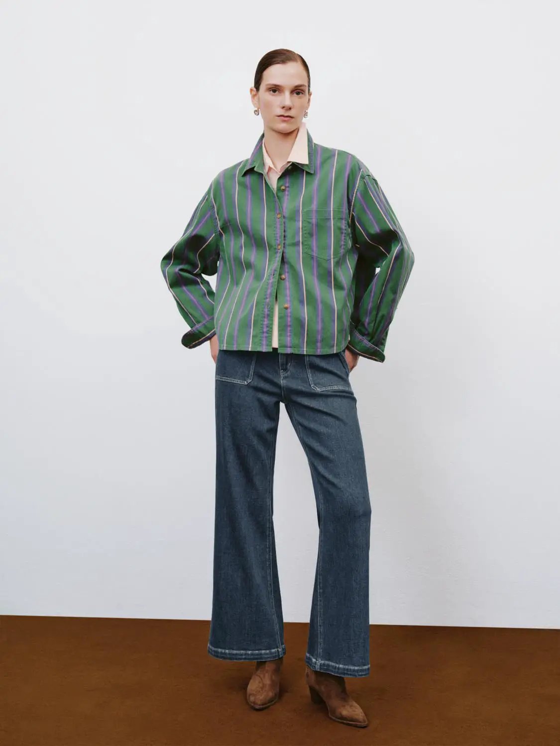 Relaxed Striped Long Sleeve Cotton Blend Shirt