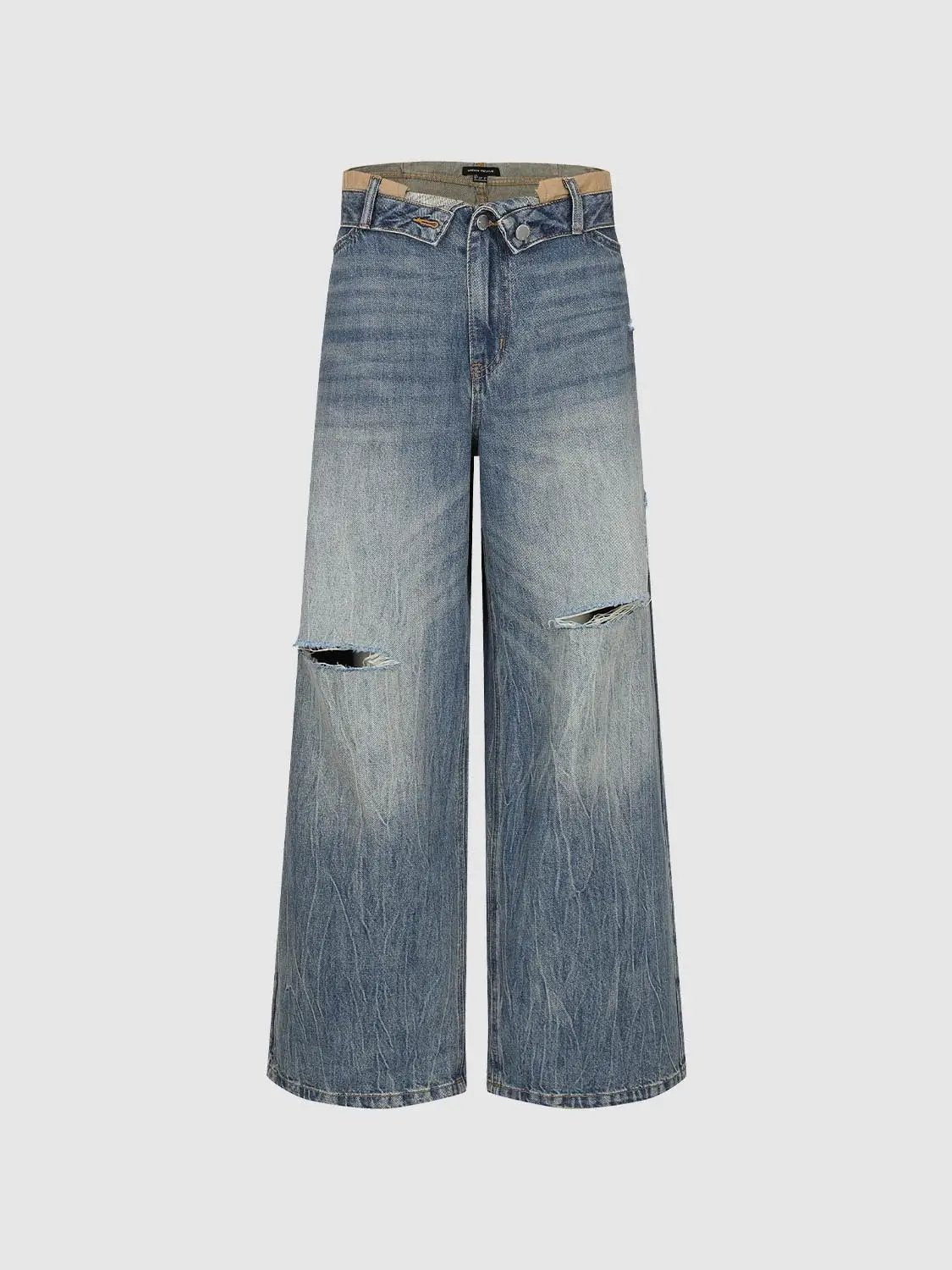 Distressed Faded Wide-leg Mid-rise Cotton Jeans