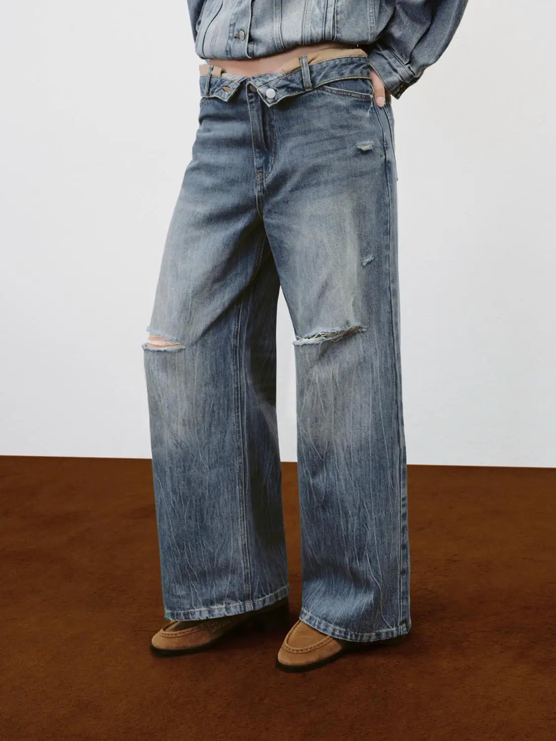 Distressed Faded Wide-leg Mid-rise Cotton Jeans