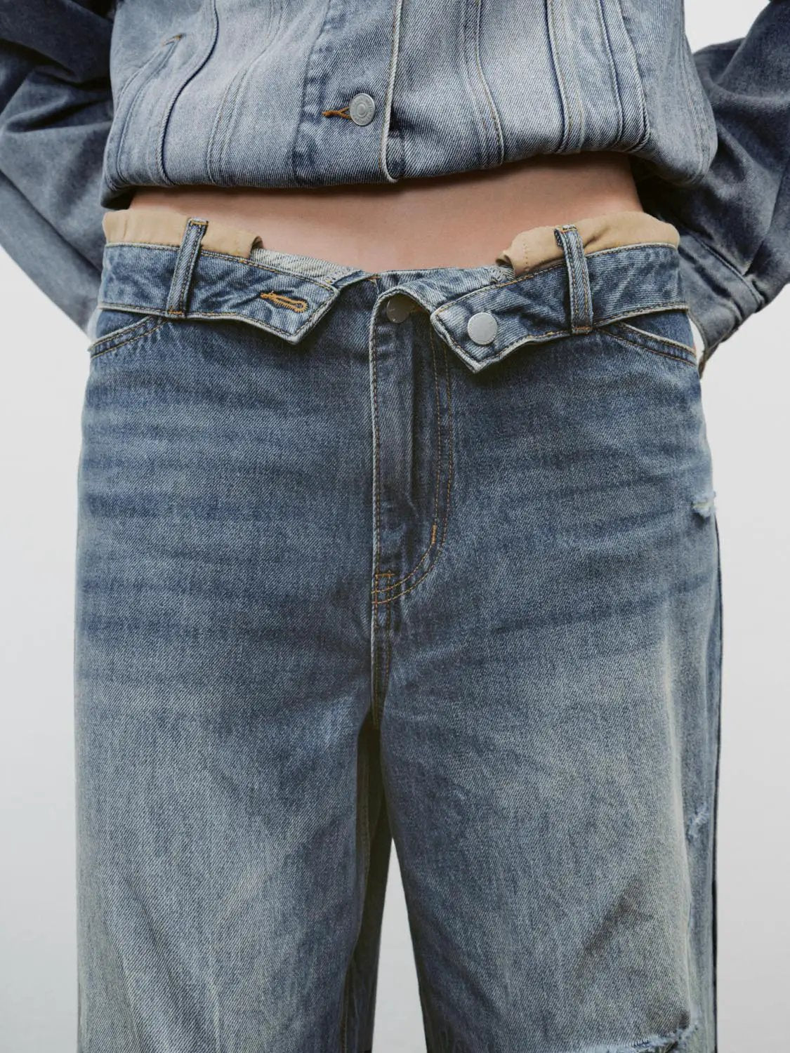 Distressed Faded Wide-leg Mid-rise Cotton Jeans