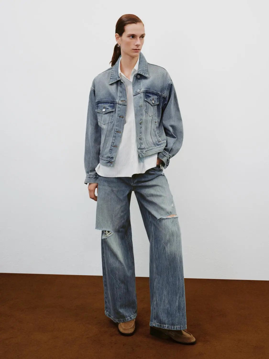 Distressed Faded Wide-leg Mid-rise Cotton Jeans