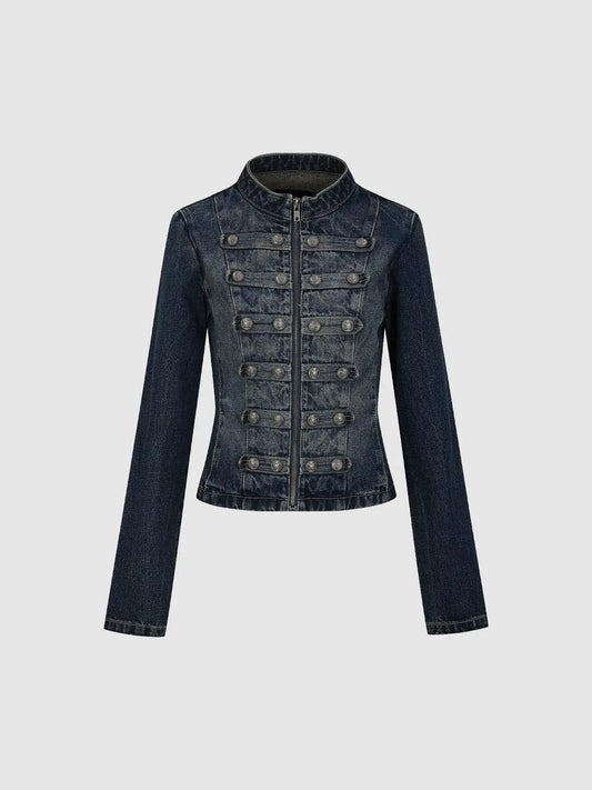Zip Front Button Detail Long Sleeve Cotton Denim Jacket